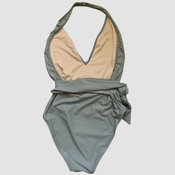 J Crew Putty Grey Deep V Neck Waist Tie Halter One Piece Tank Swimsuit SZ 8 - Picture 3 of 6